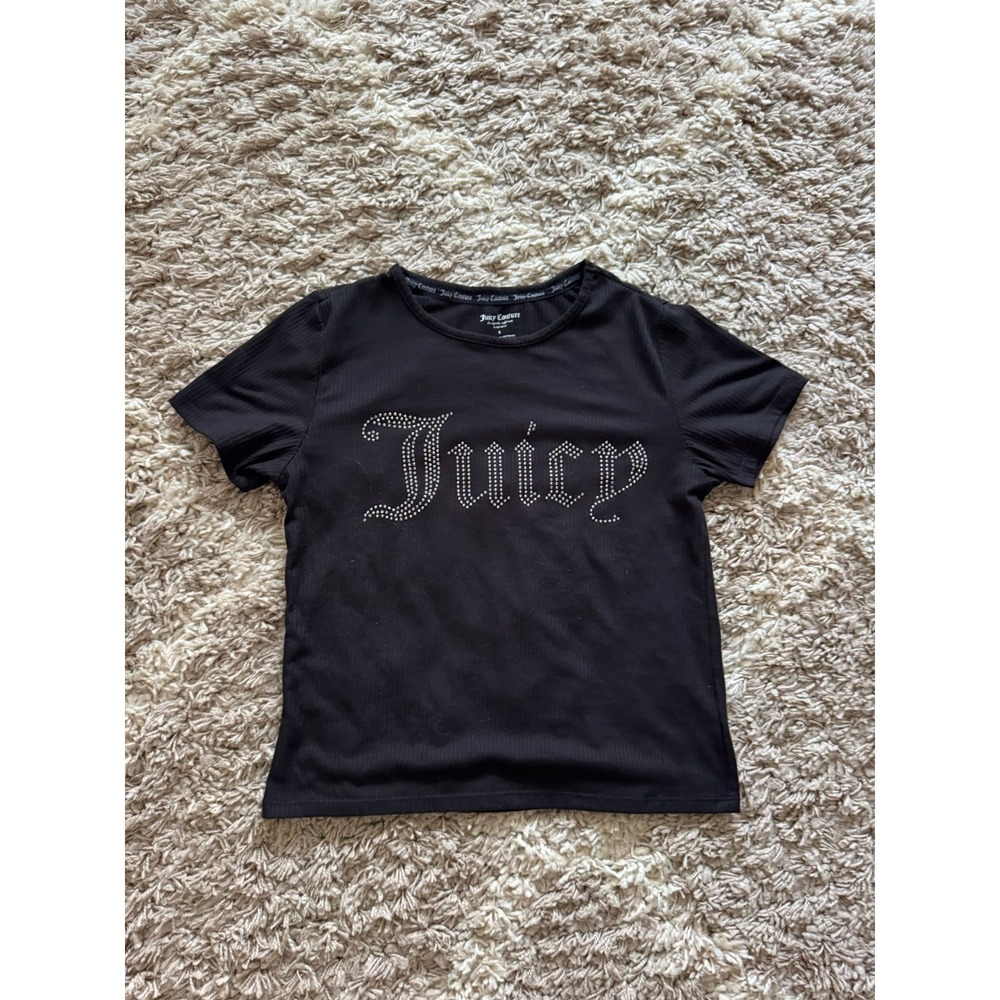 Juicy Couture Womens Black Ribbed Rhinestone Logo Sleep Shirt Pajama Top Small